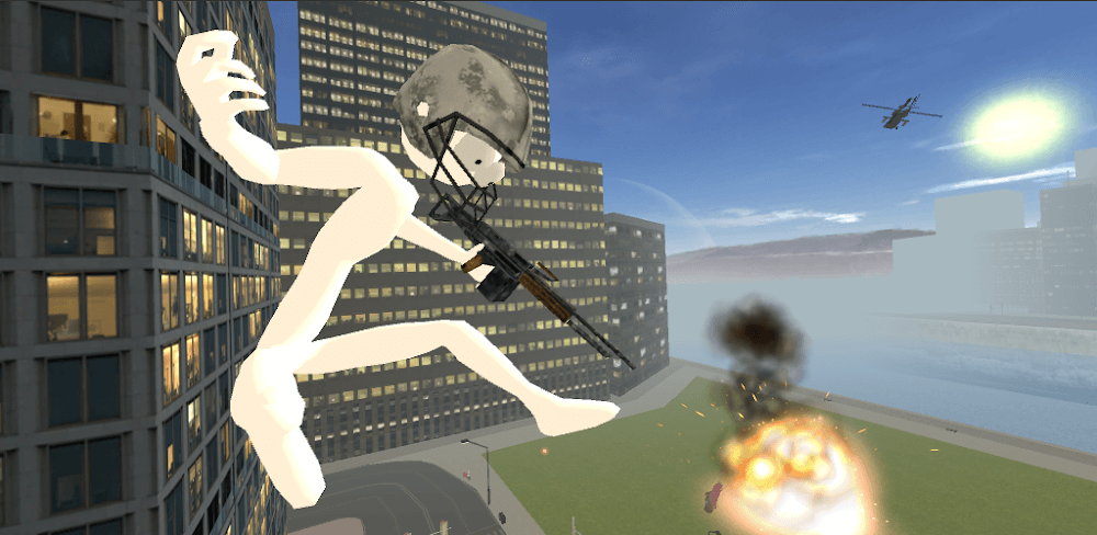 Real Stickman Crime screenshot 1. A stickman hero stands atop a building overlooking the city.