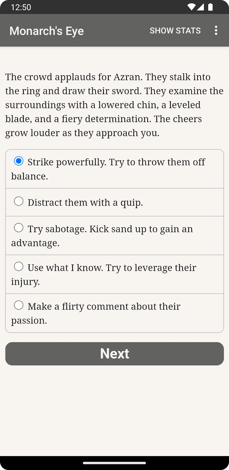 Games of the Monarch's Eye dialogue choice screen