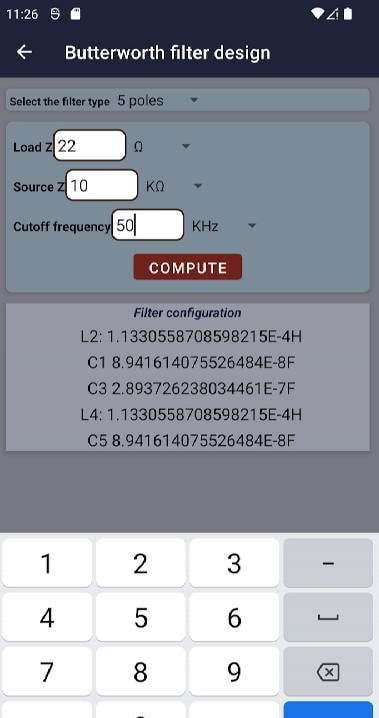Electronic filter design tool screenshot 1