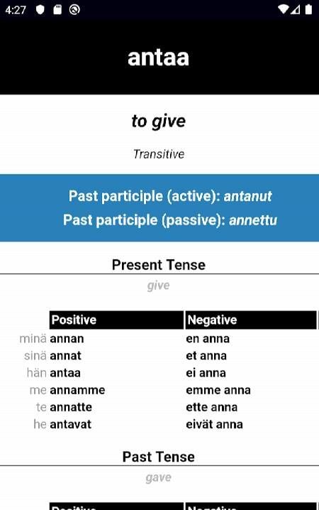 Finnish Verb Blitz Pro conjugation view