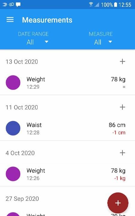 Body measurements - weight, BMI, waist, fat, pulse screenshot 1