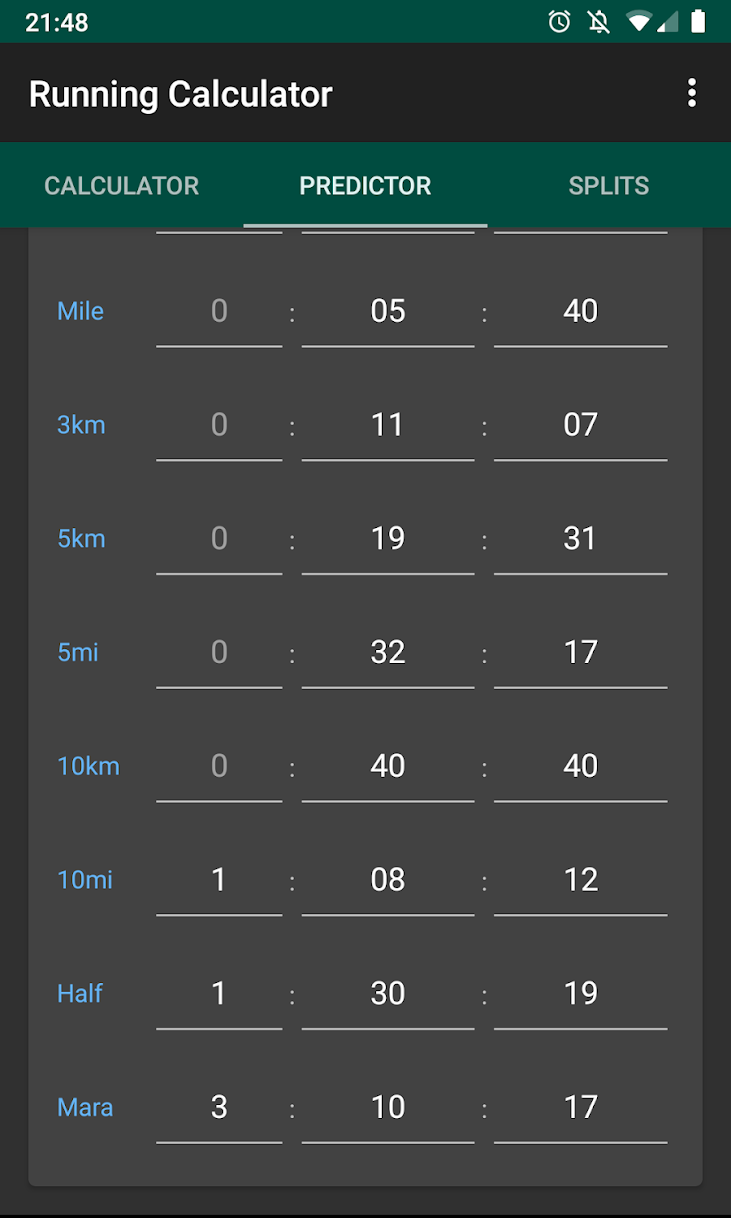 Running Calculator: Pace, Predictions, Race Splits screenshot 2