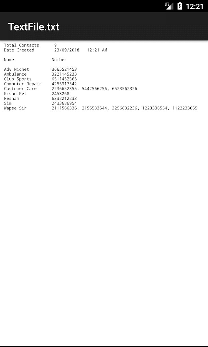Contacts to pdf, vcf, text screenshot 1