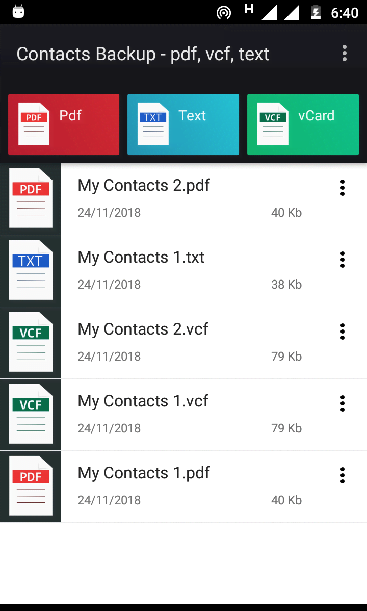 Contacts to pdf, vcf, text screenshot 2