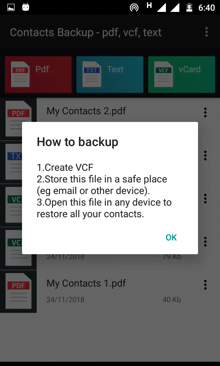 Contacts to pdf, vcf, text screenshot 4