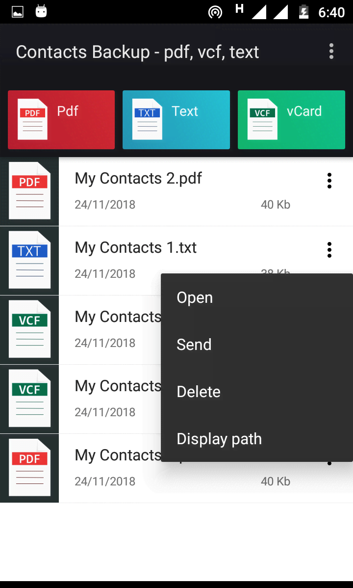 Contacts to pdf, vcf, text screenshot 3