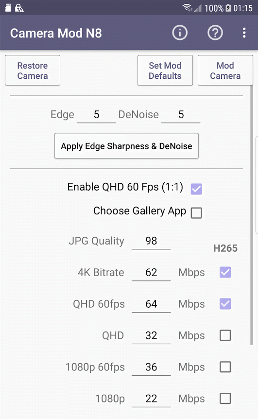 Camera Mod N8 - Bitrates & Settings screenshot 1