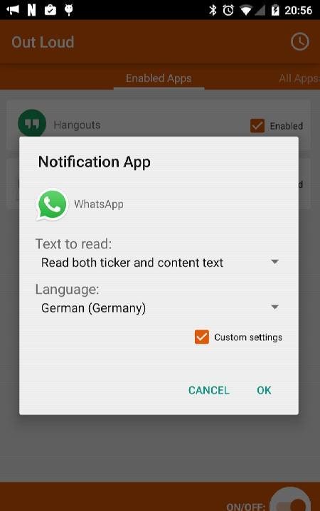 Out Loud settings menu