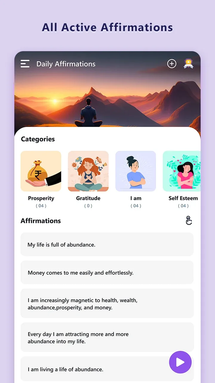 Screenshot 2: Personalized Daily Messages - Demonstrates the selection of affirmations tailored to individual needs.